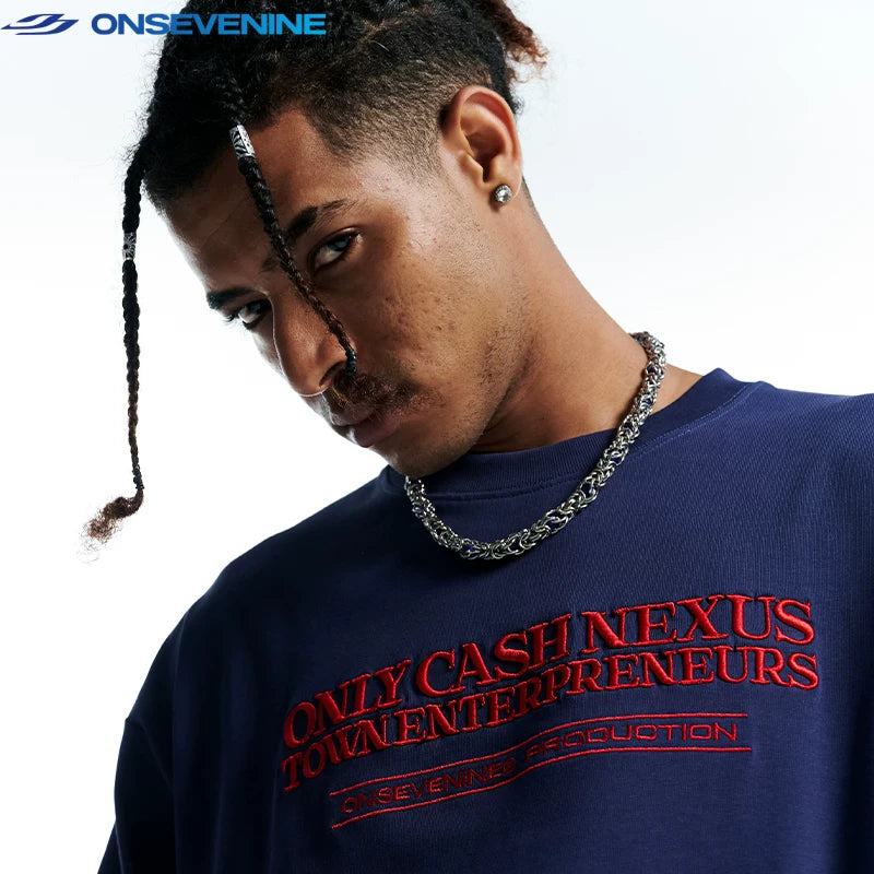 ONSEVENINE China-Chic 260g Small Neckline Heavy Weight Cotton Embroidery Letters Loose Short Sleeve T-shirts for Men and Women Summer