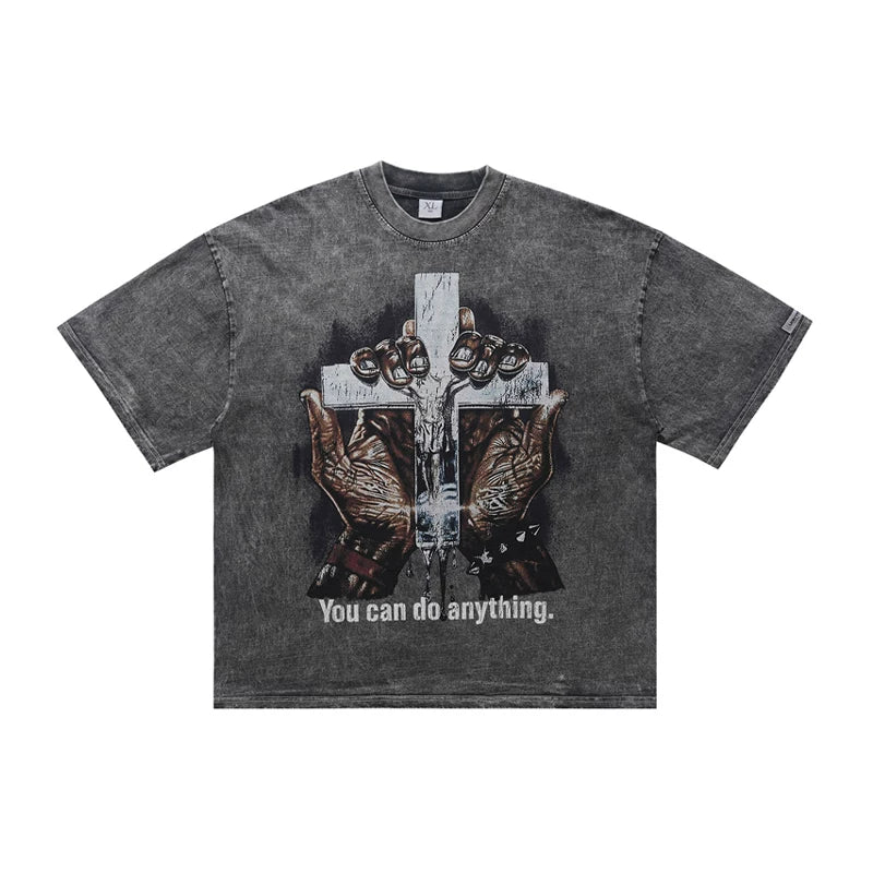 ONSEVENINE Men's American-style streetwear acid-wash distressed T-shirt