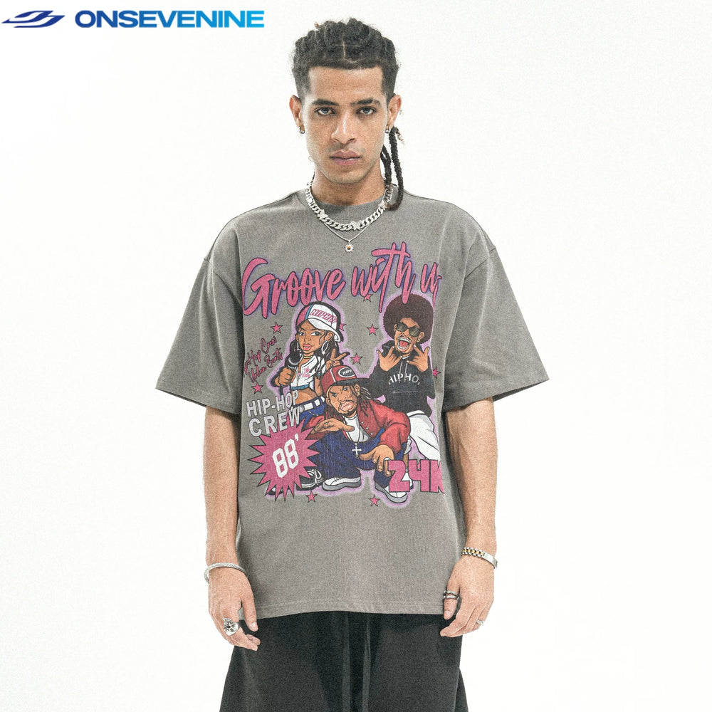 ONSEVENINE American short sleeve T-shirt Men's Summer New Heavy Weight Cotton 300g Small Neckline Loose Hip Hop China-Chic