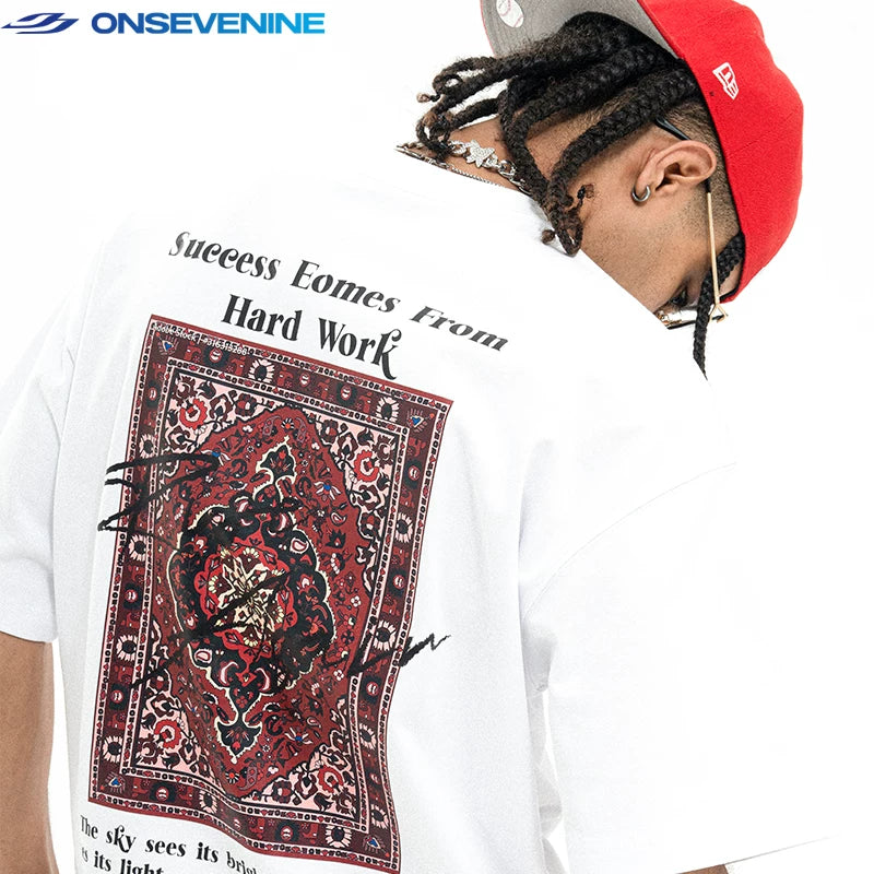 ONS EVENT 300g Heavy Cotton Small Collar American Street Hip Hop Loose Short Sleeve T-shirt for Men Summer
