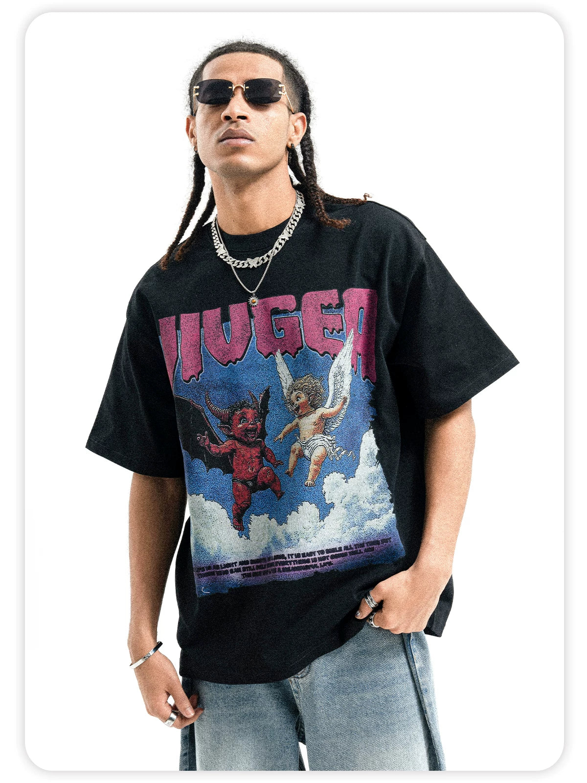 ONSEVENINE Men's Heavyweight 300g Pure Cotton Street-Style Hip-Hop T-Shirt.