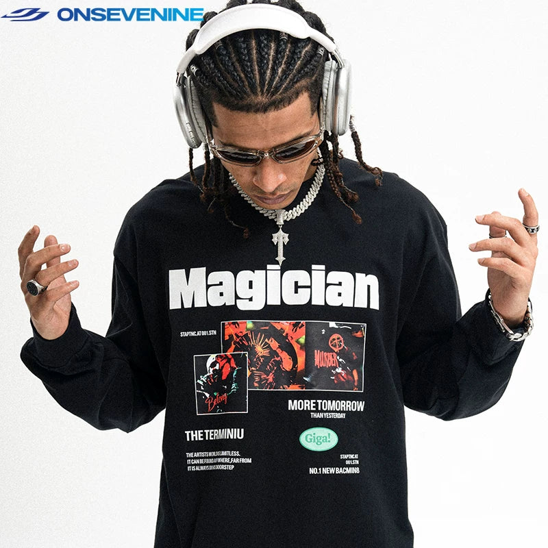 ONIVENINE American street heavyweight pure cotton small collar loose long sleeved T-shirt men's and women's spring and autumn top base