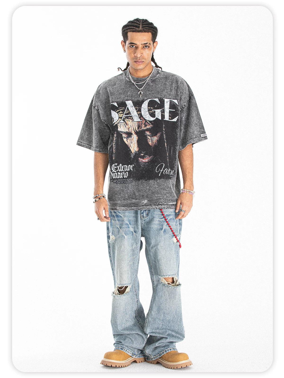 ONSEVENINE American-style washed and distressed short-sleeve T-shirt.