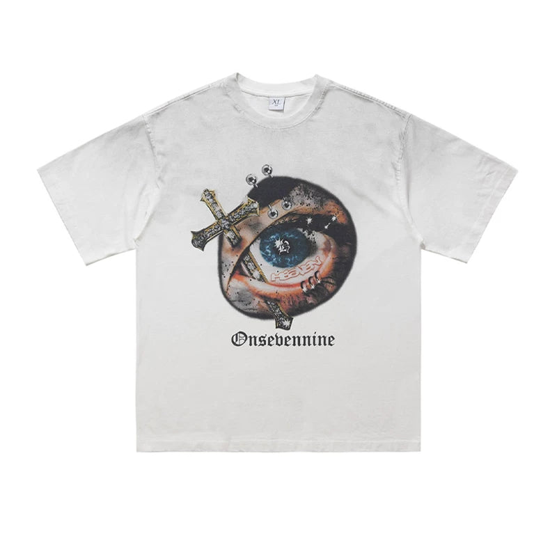 ONS EVENT American street wash vintage gradient loose fitting couple's short sleeved T-shirt for men and women in summer