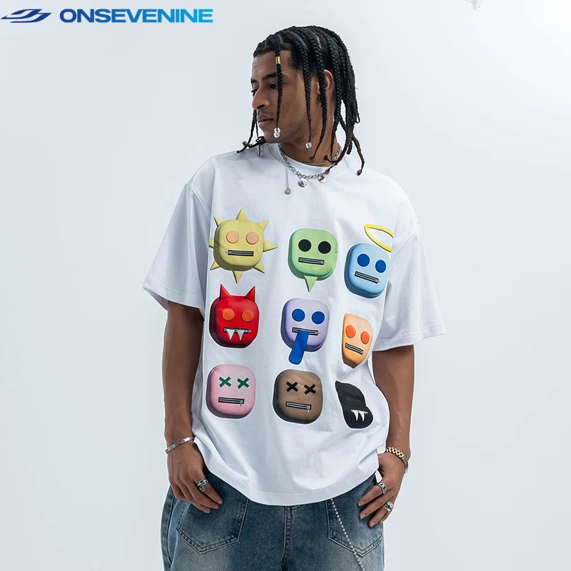 ONIVENINE American Street Loose Small Collar 300g Heavy Cotton Short sleeved T-shirt for Men and Women in Summer