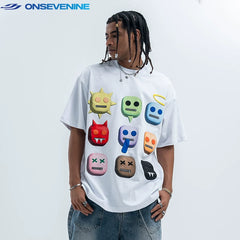 ONIVENINE American Street Loose Small Collar 300g Heavy Cotton Short sleeved T-shirt for Men and Women in Summer