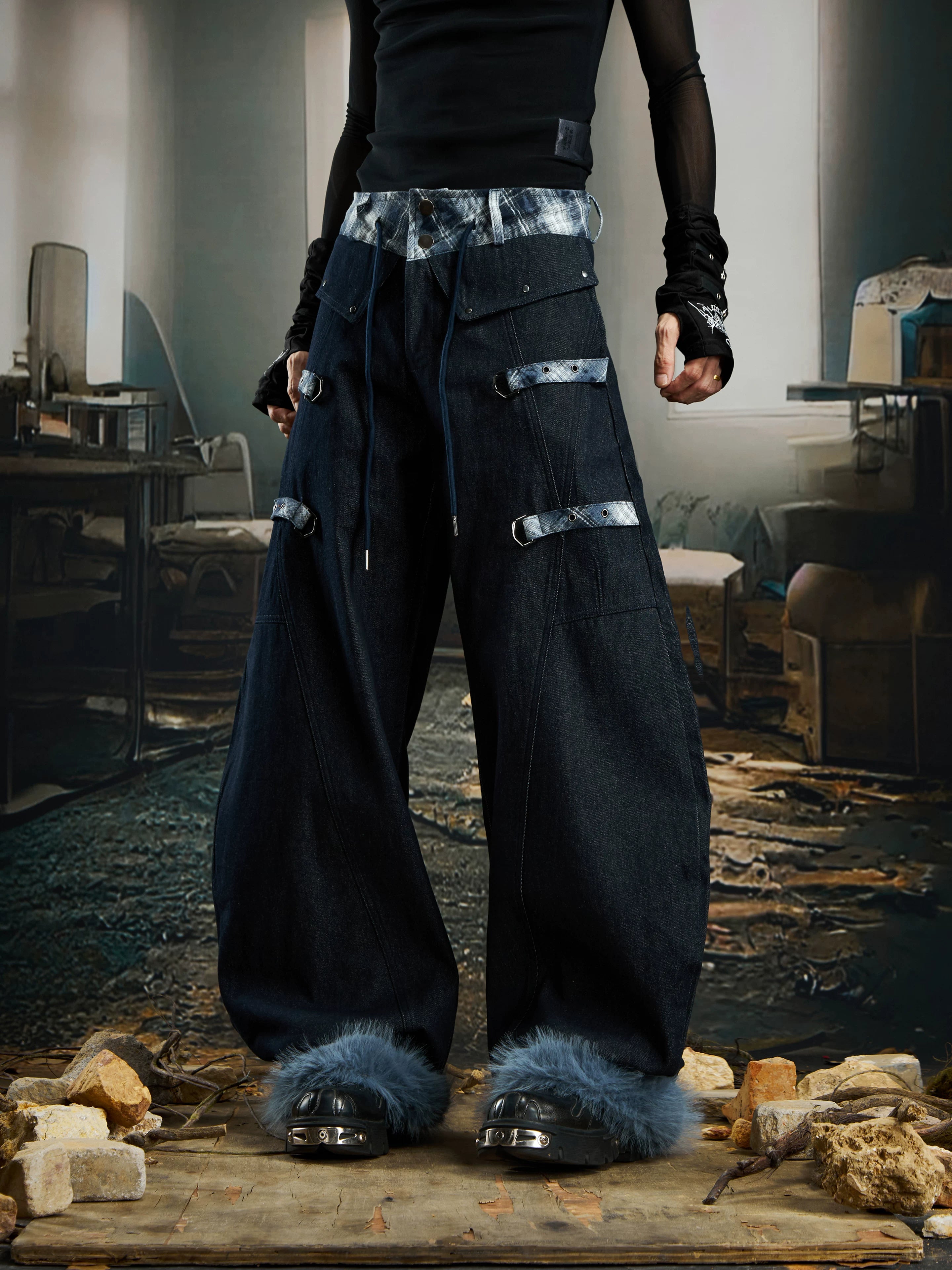 NOMANIAI Original Niche Y2K Plaid Detachable "Scimitar" Jeans.