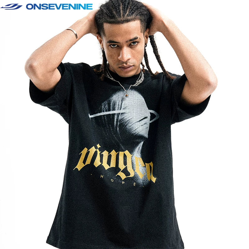 ONSEVENINE American Street Hip Hop Hip Hop Hip Hop Dance China-Chic Small Neckline 300g Loose Couple Short Sleeve T-shirt Male Summer