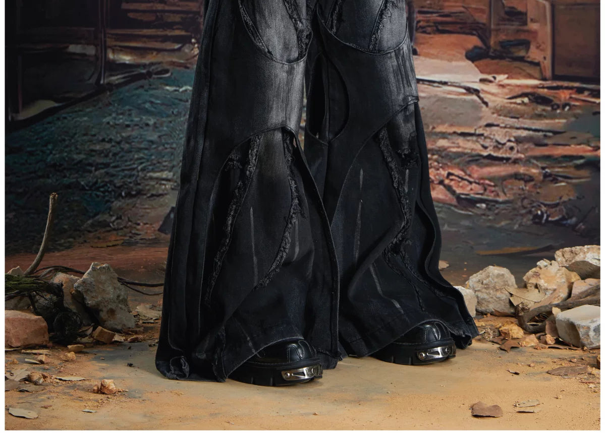NOMANIAI Dark-style deconstructed double-layer loose-fit jeans.