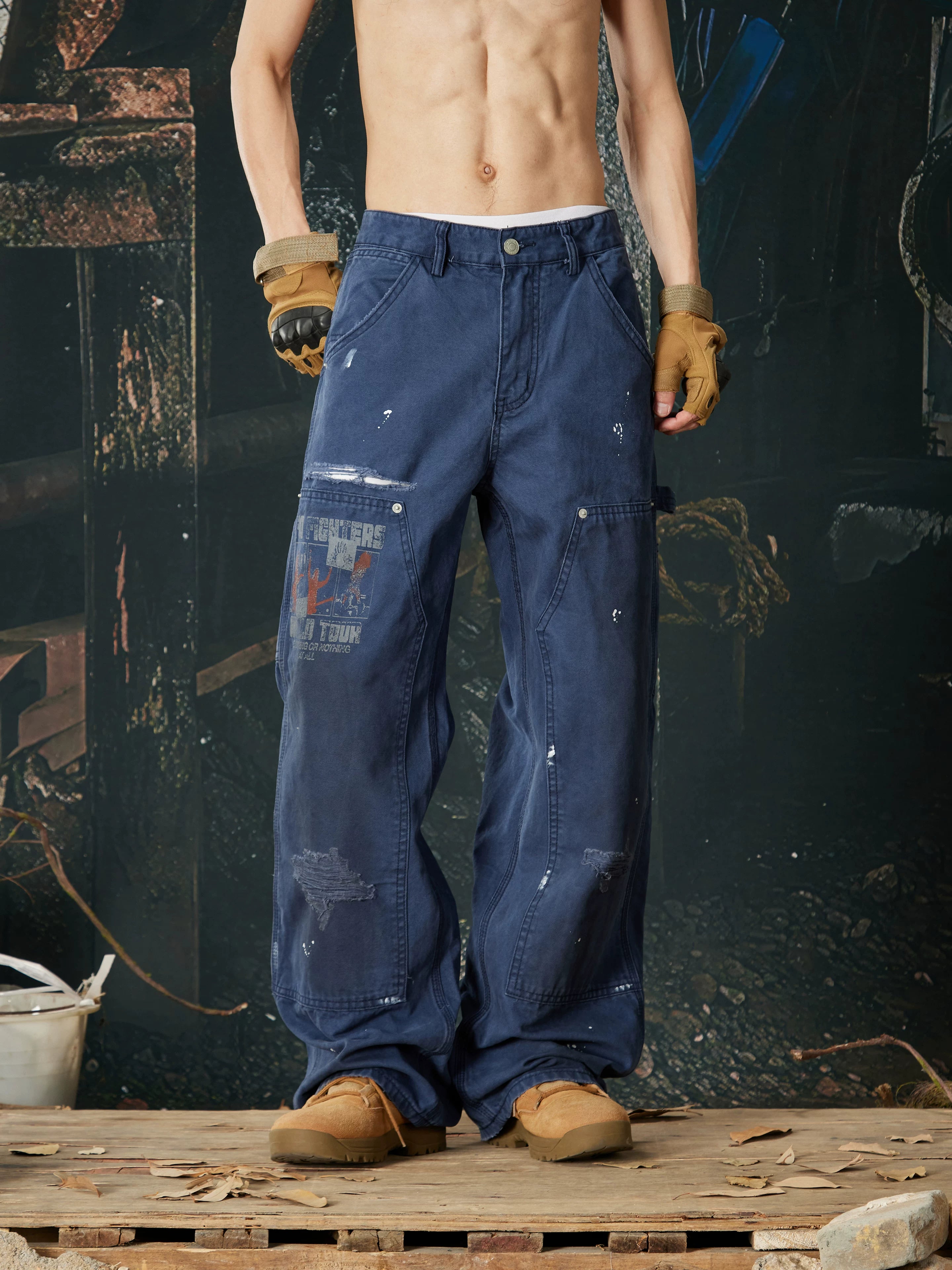 NOMANIAI Multi-process distressed casual cargo pants.