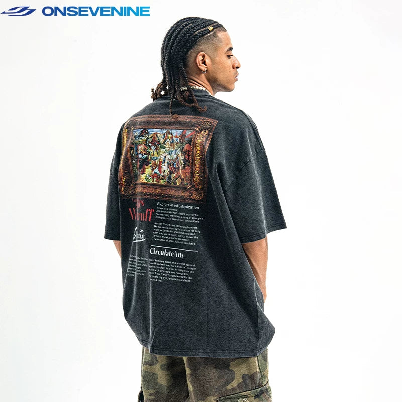 ONSEVENINE Original Fashion Brand American Street Wash Old Vintage Short Sleeve T-shirt Men and Women Summer Unisex China-Chic
