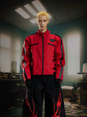 NOMANIAI Cropped stand-collar moto jacket with PU leather paneling and zip closure.