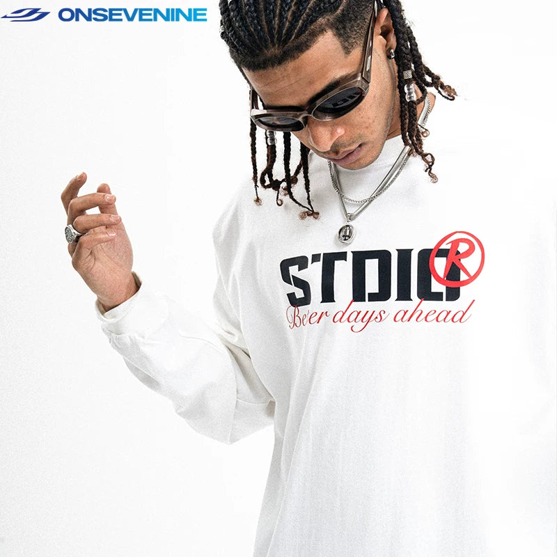 ONS EVENT Original Design Small Collar Heavy Cotton American Street Long Sleeve T-shirt Men's Autumn Top Primer