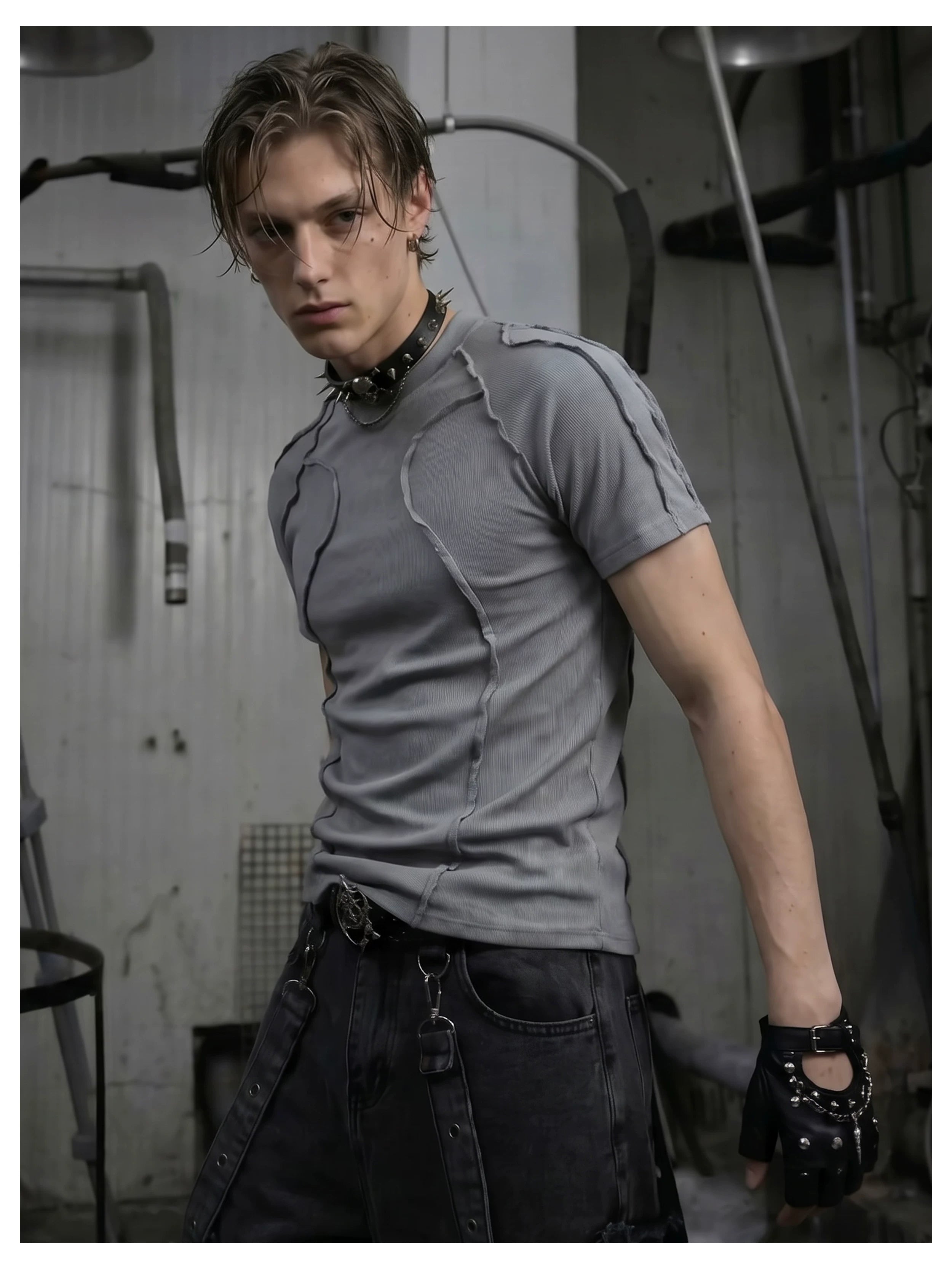 NOMANIAI  3D-cut textured stretch fitted short-sleeve top.
