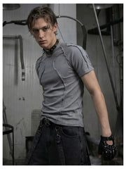 NOMANIAI  3D-cut textured stretch fitted short-sleeve top.