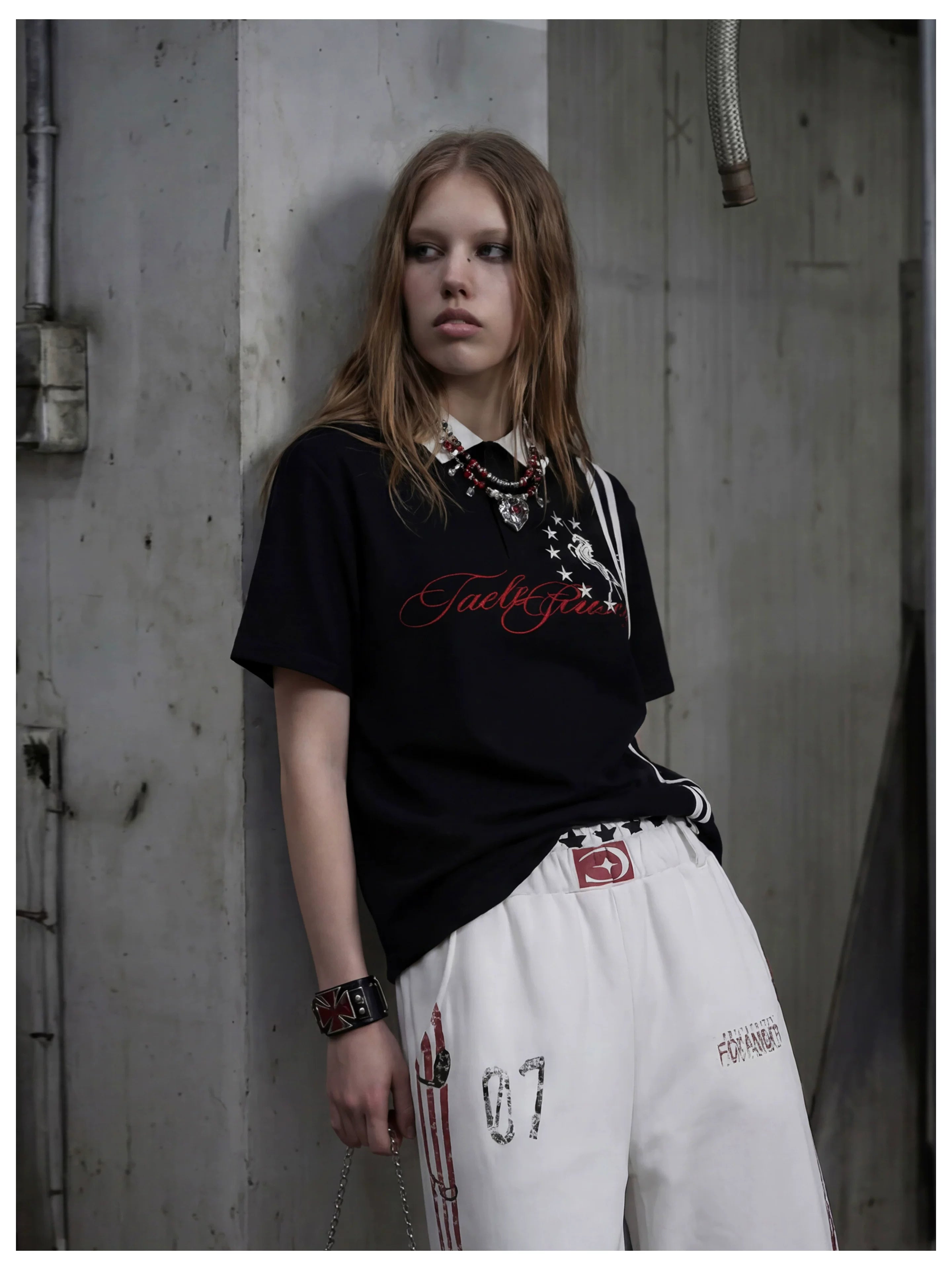 NOMANIAI Star and Warhorse Embroidery Jersey Polo Shirt – Sporty Streetwear Style.
