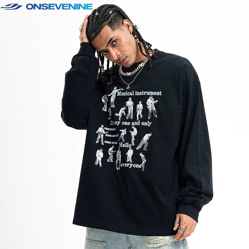 ONSEVENINE Original Fashion Brand Small Neckline 260g Heavy Weight Cotton Long Sleeve T-shirt Men's and Women's Autumn Backing Shirt China-Chic