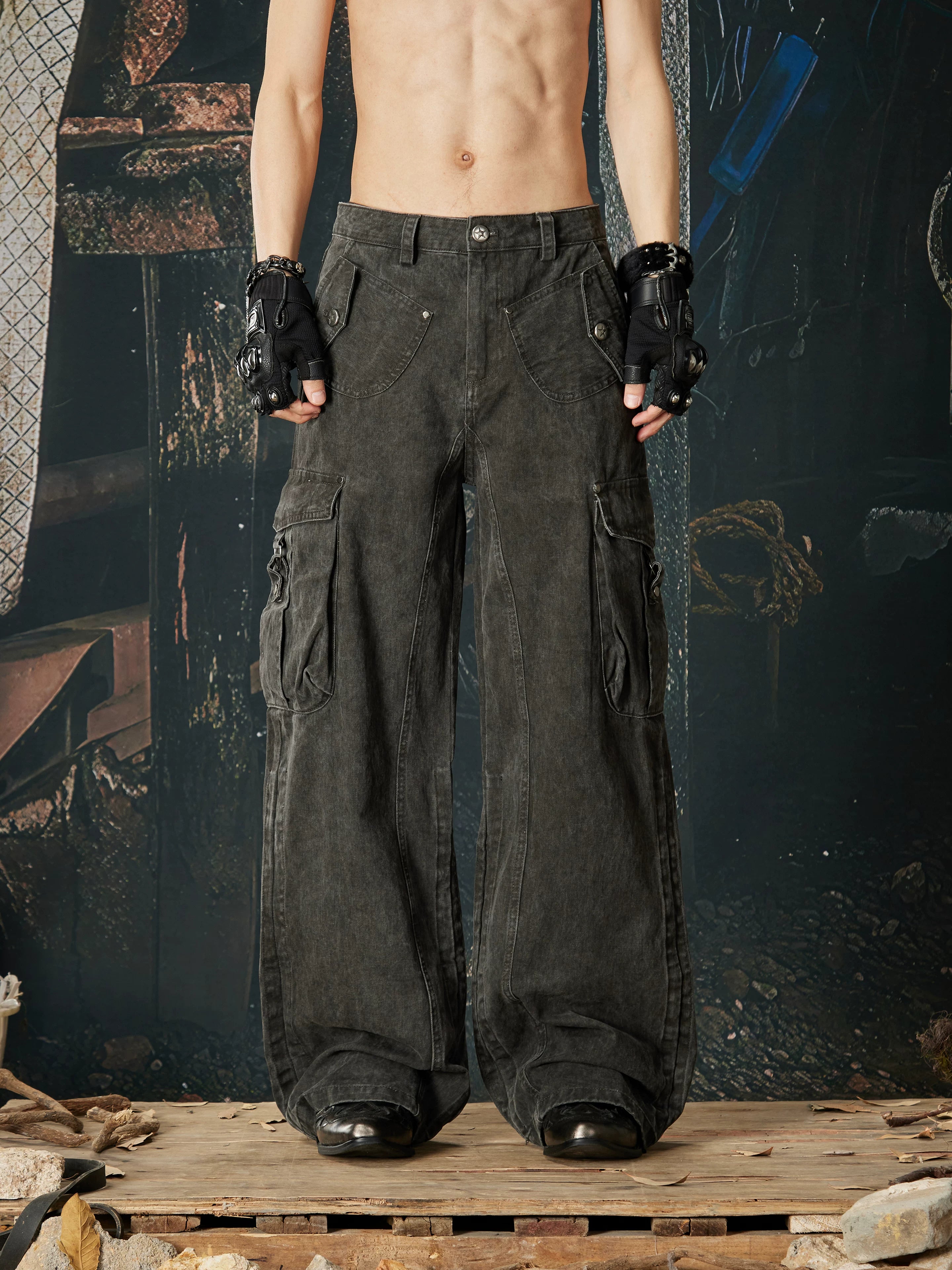 NOMANIAI Casual Streetwear Drawstring Multi-Pocket Cargo Pants.