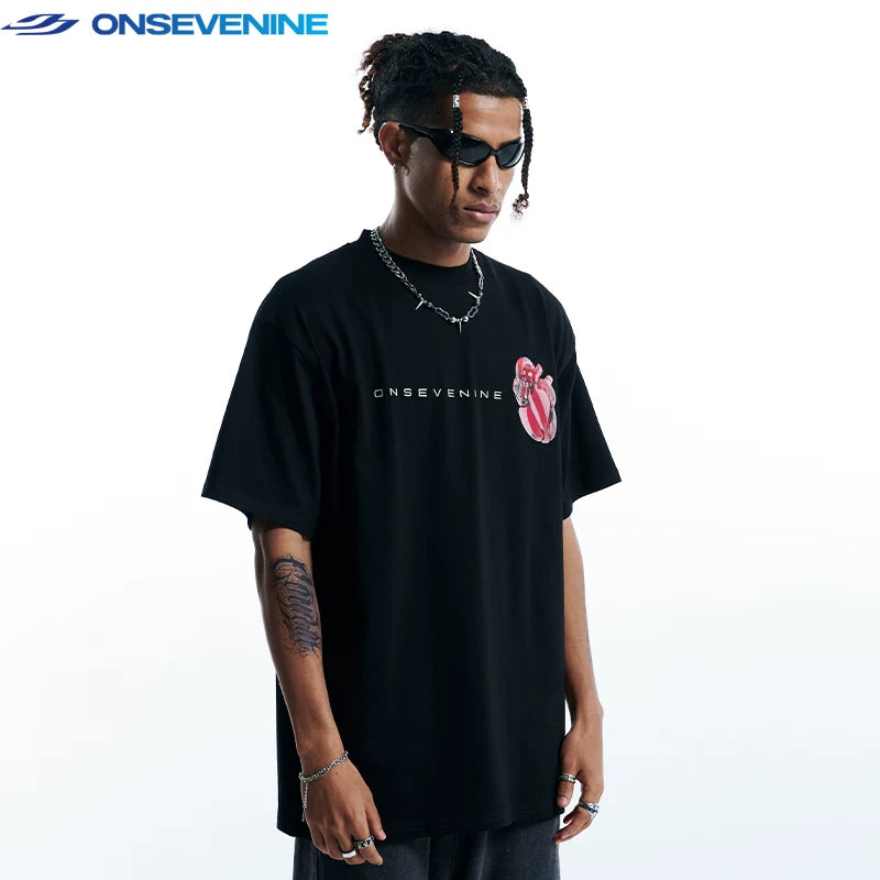 ONSEVENINE China-Chic Heavy Weight Cotton Small Neckline Boys' T-shirt Short Sleeve Women's Summer Loose Couple's Half Sleeve t