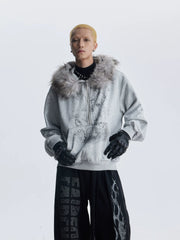 NOMANIAI  Fuzzy Hooded Printed Half-Zip Sweatshirt – Loose Cropped Top.