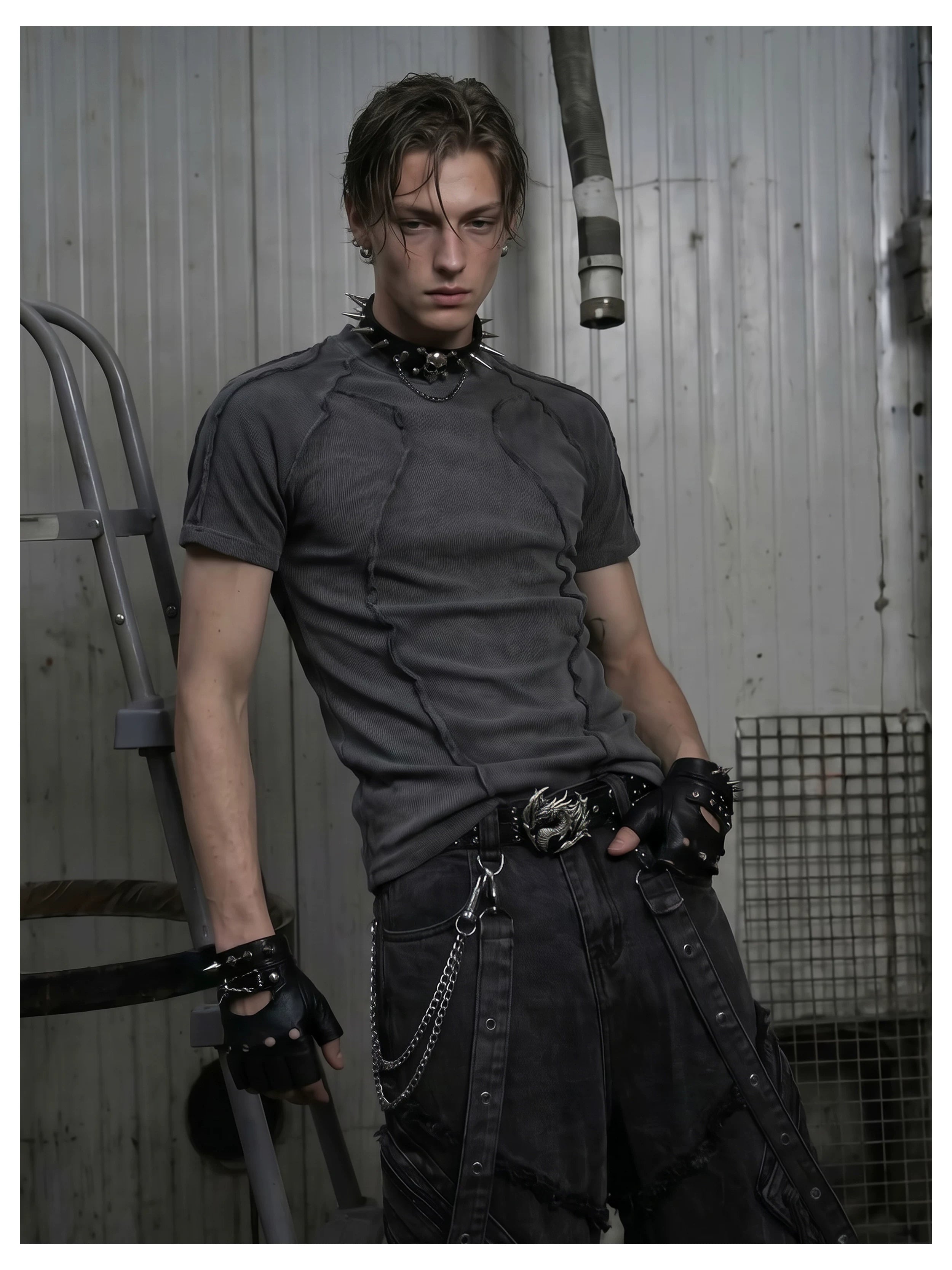 NOMANIAI  3D-cut textured stretch fitted short-sleeve top.