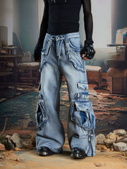 NOMANIAI  Multi-pocket deconstructed, washed, and distressed workwear-style denim jeans.