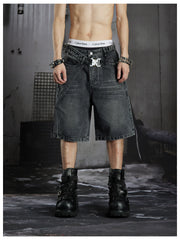 NOMANIAI Deconstructed double-waistband distressed loose-fit denim shorts.