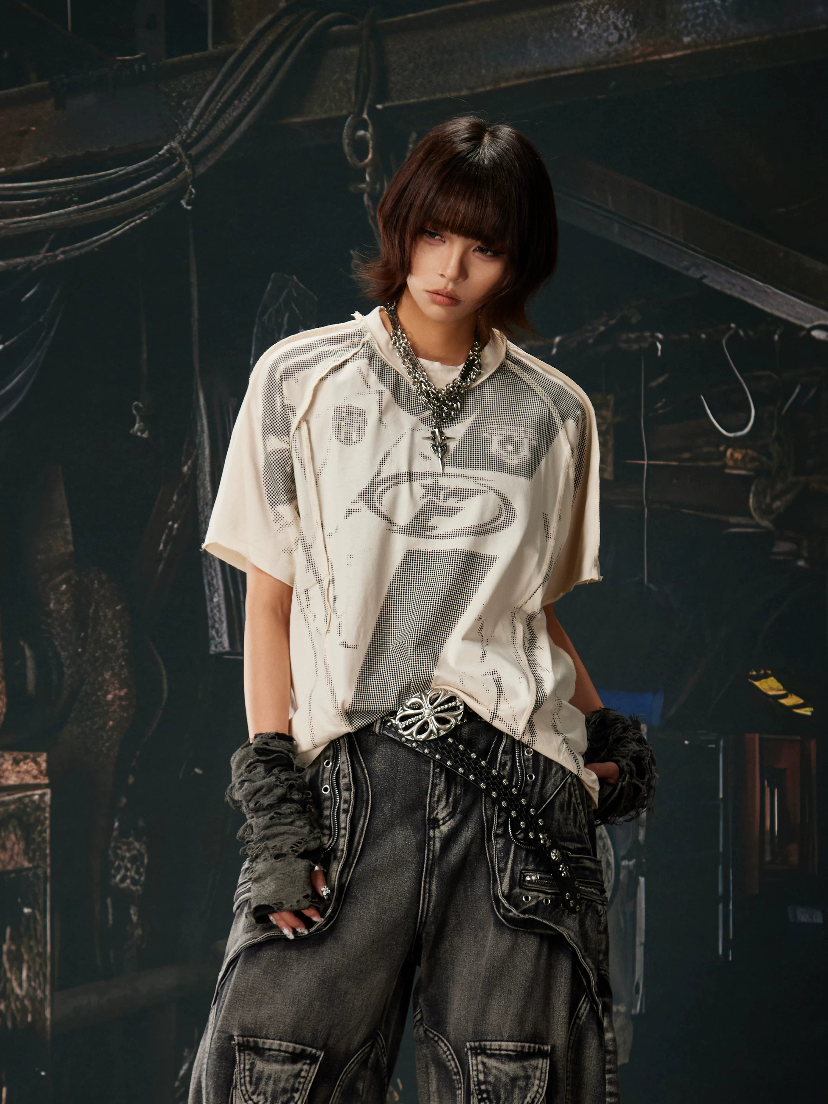 NOMANIAI Loose-fit short-sleeve tee with racing/motorcycle street style