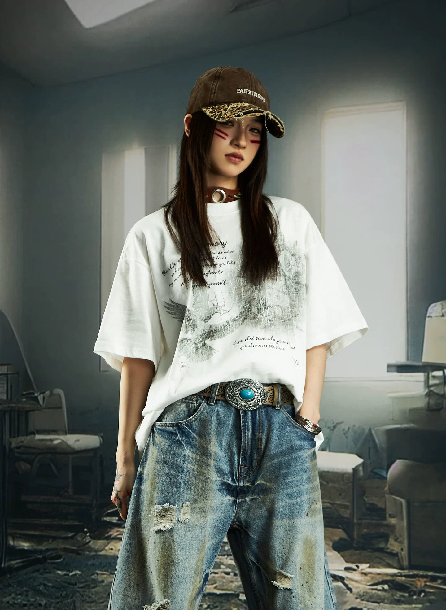 NOMANIAI Printed Crew-Neck Short-Sleeve Loose-Fit Breathable Cotton T-Shirt.