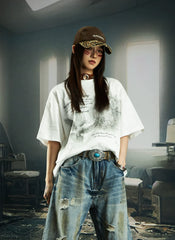NOMANIAI Printed Crew-Neck Short-Sleeve Loose-Fit Breathable Cotton T-Shirt.