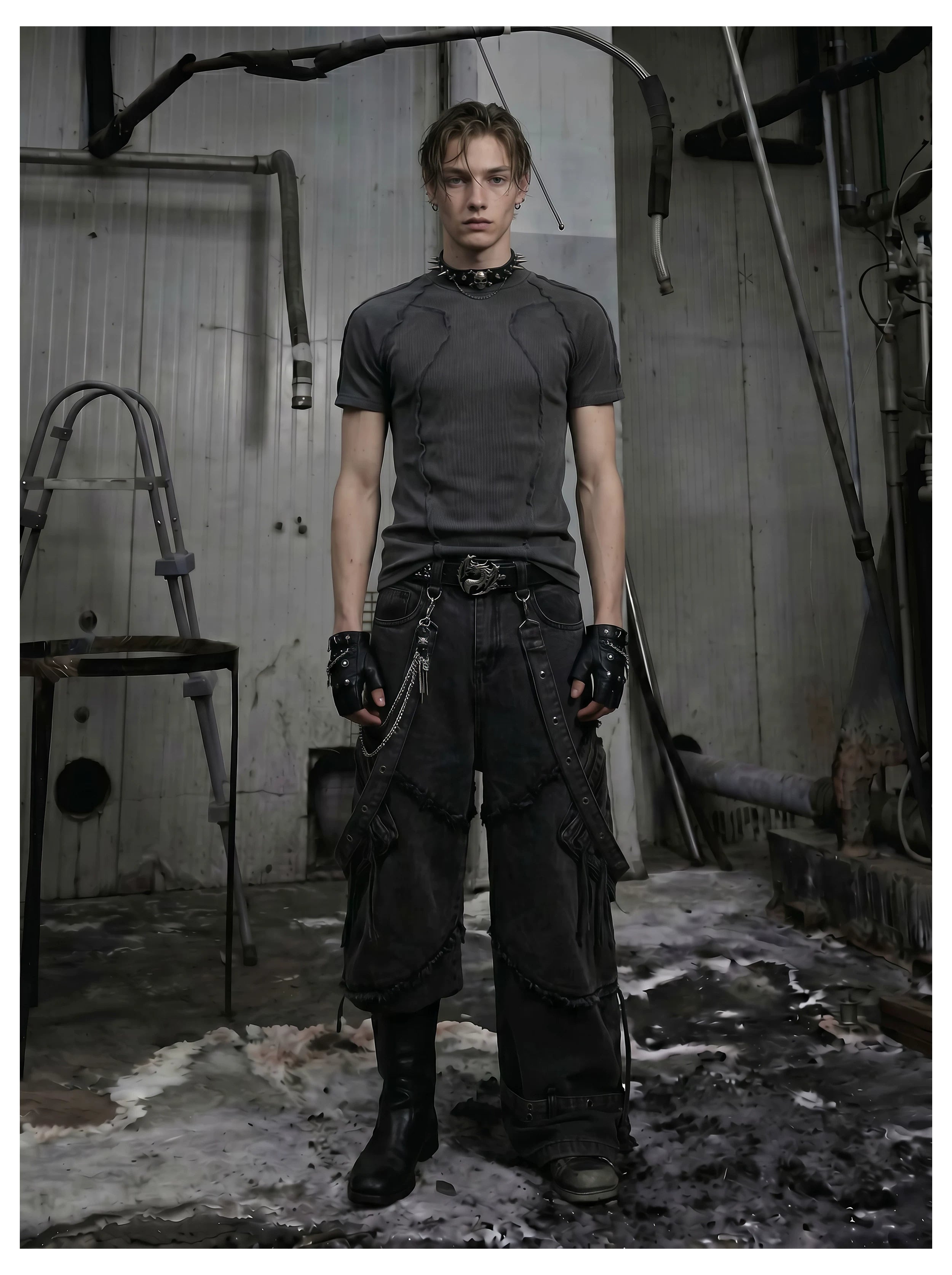 NOMANIAI  3D-cut textured stretch fitted short-sleeve top.