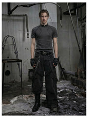 NOMANIAI  3D-cut textured stretch fitted short-sleeve top.