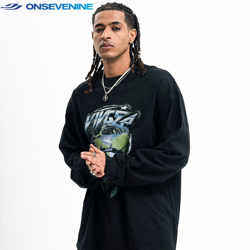 ONIVENINE heavyweight pure cotton American street original design trendy long sleeved T-shirt men's autumn top base shirt