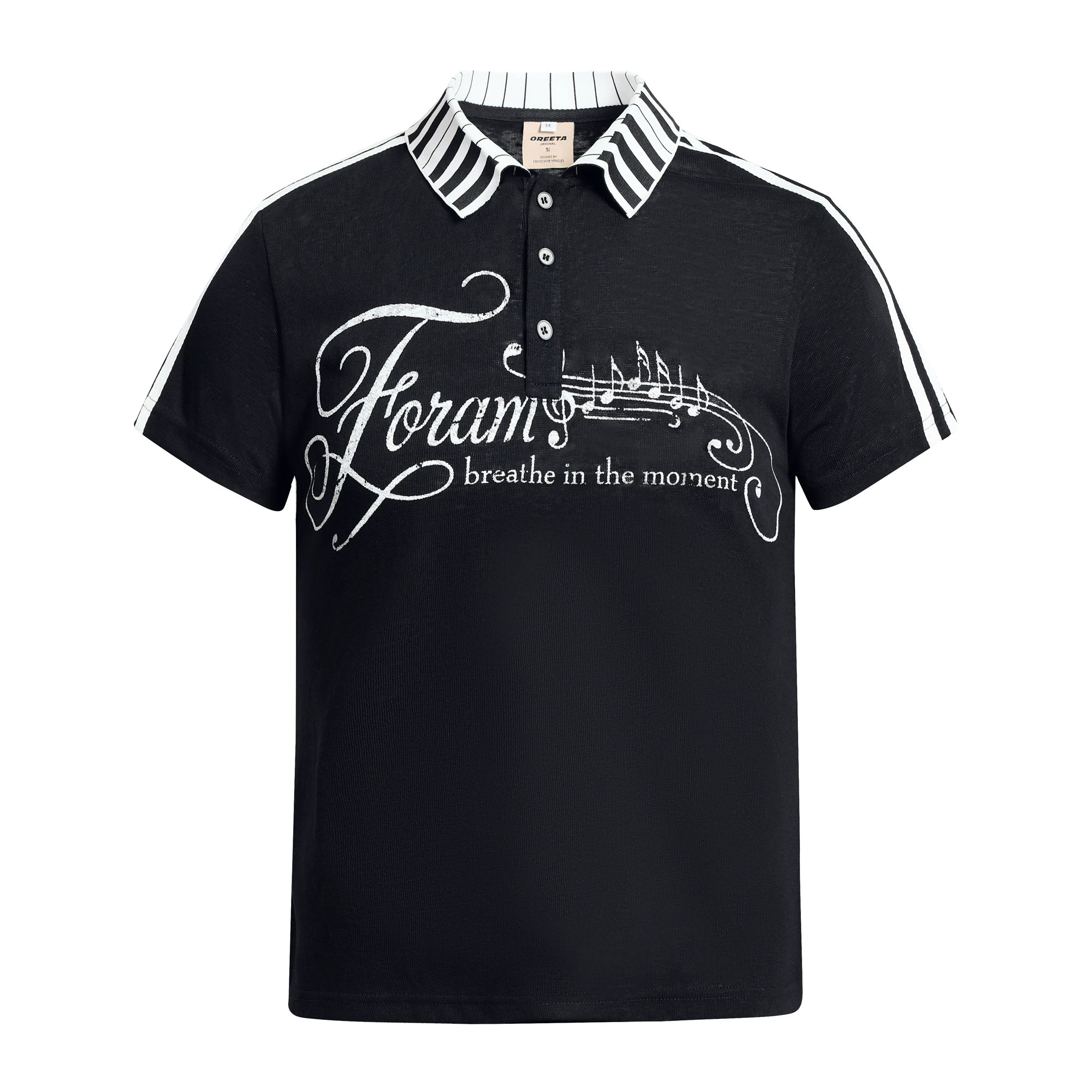 NOMANIAI Y2K Pure Cotton Polo Shirt with Piano Key and Musical Note Print and Collar.