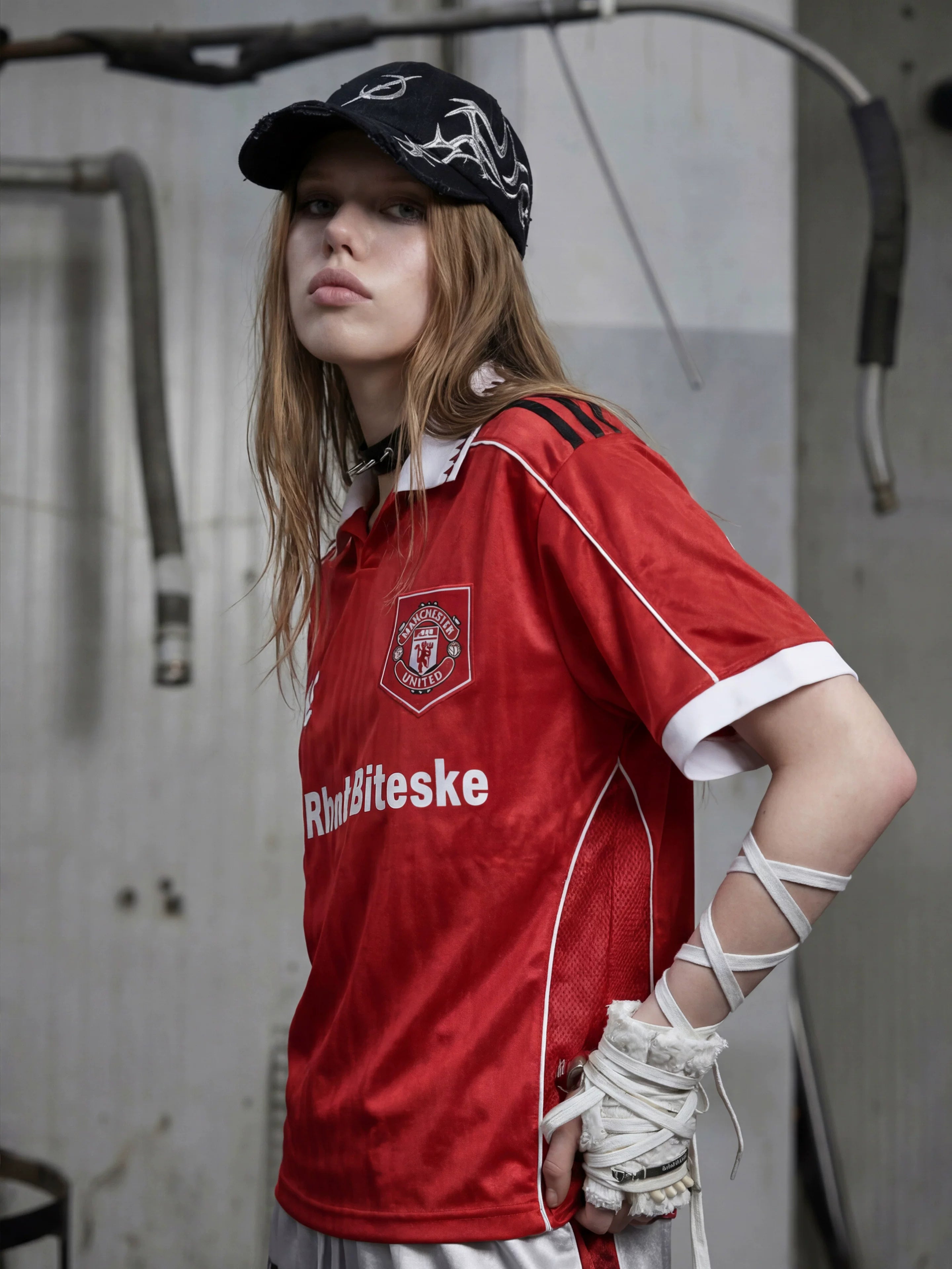 NOMANIAI Fully Embroidered V-Neck Street-Style T-Shirt (Jersey-Inspired).