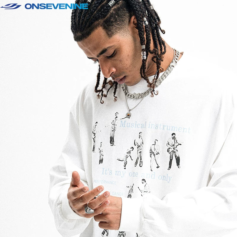 ONSEVENINE Original Fashion Brand Small Neckline 260g Heavy Weight Cotton Long Sleeve T-shirt Men's and Women's Autumn Backing Shirt China-Chic