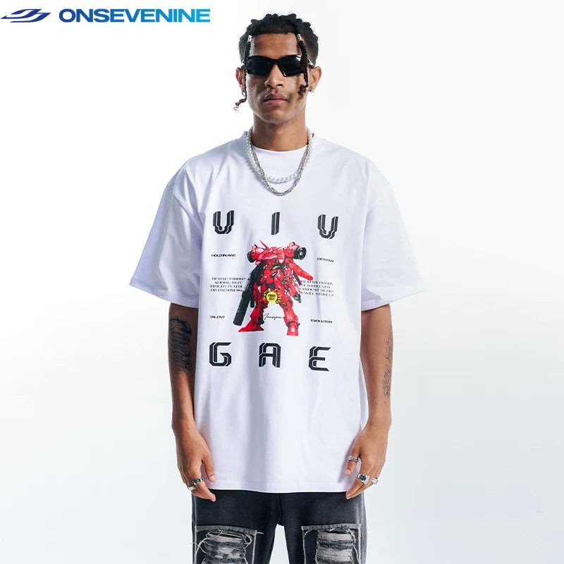 ONSEVENINE China-Chic Hip Hop Street Heavyweight Cotton Small Neckline Short Sleeve T-shirt Male Summer Couple American Retro