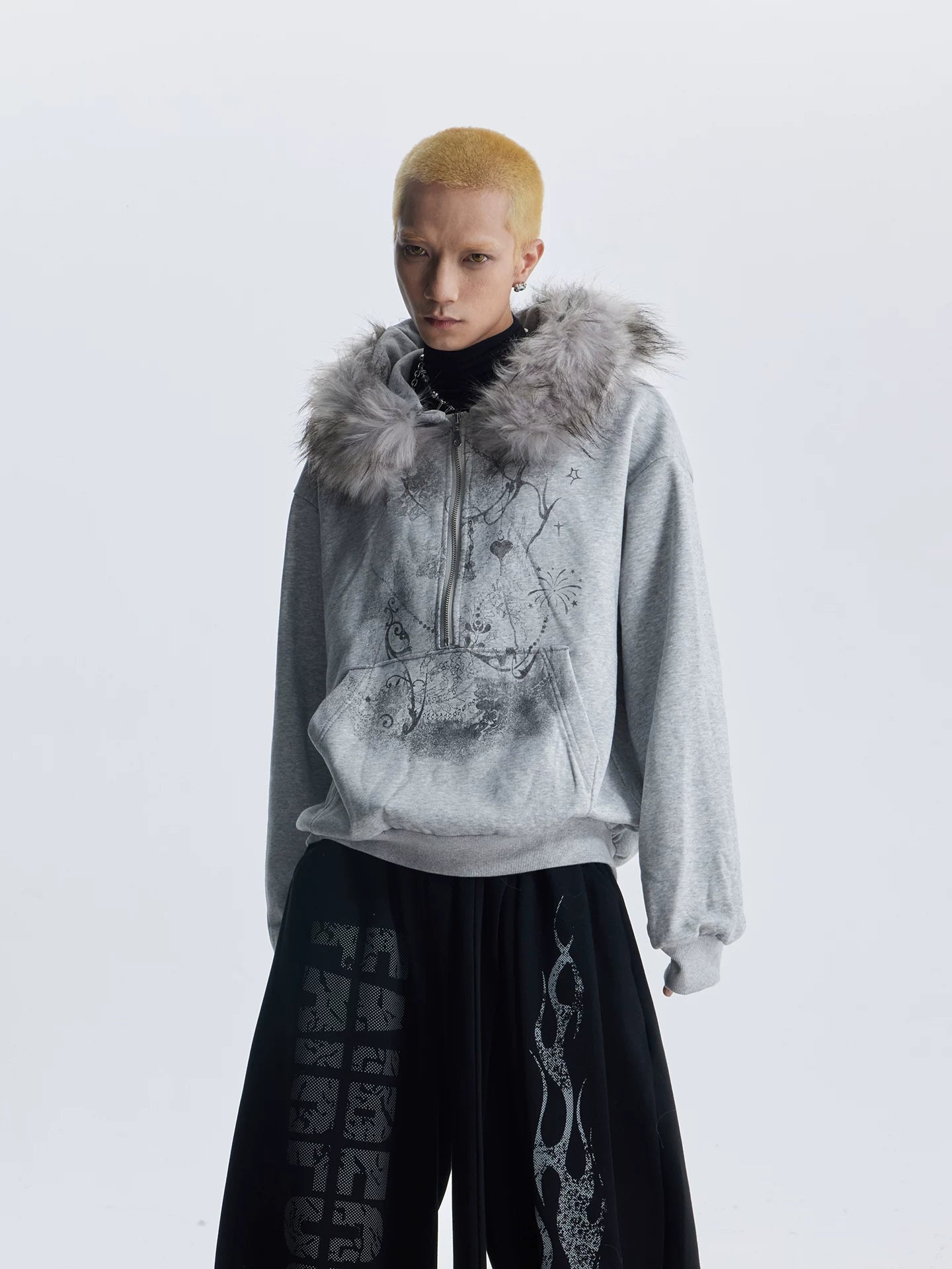 NOMANIAI  Fuzzy Hooded Printed Half-Zip Sweatshirt – Loose Cropped Top.