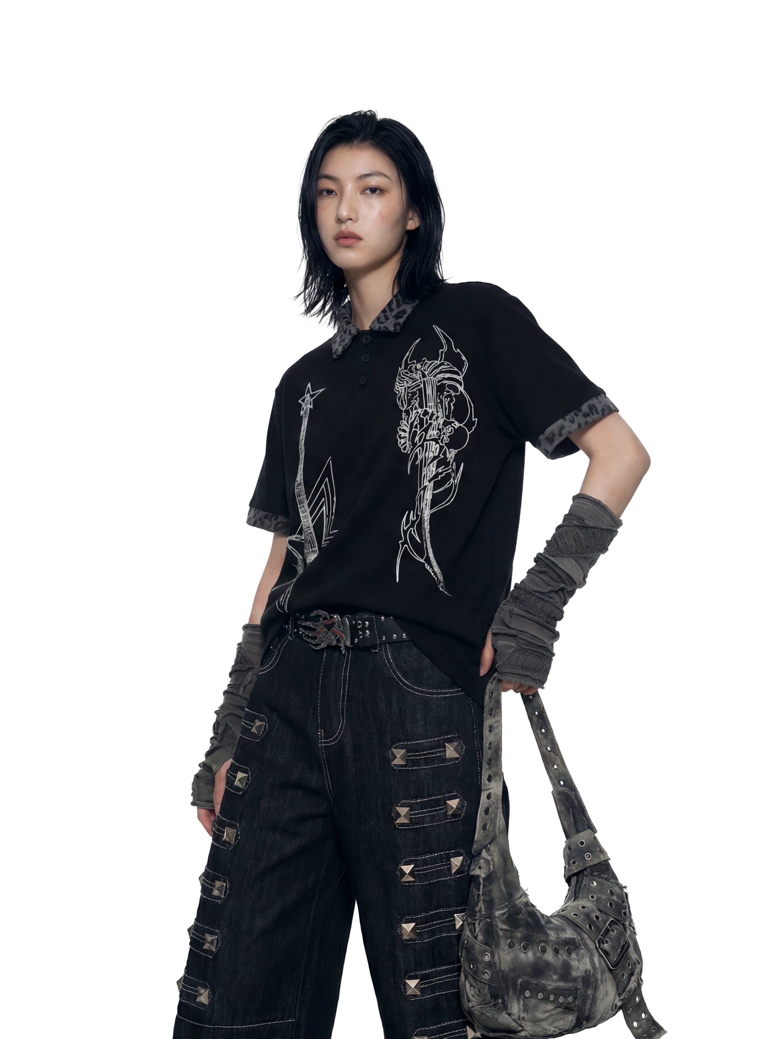 NOMANIAI Oversized Leopard-Print Polo Shirt with Punk Guitar Graphic.