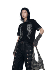 NOMANIAI Oversized Leopard-Print Polo Shirt with Punk Guitar Graphic.