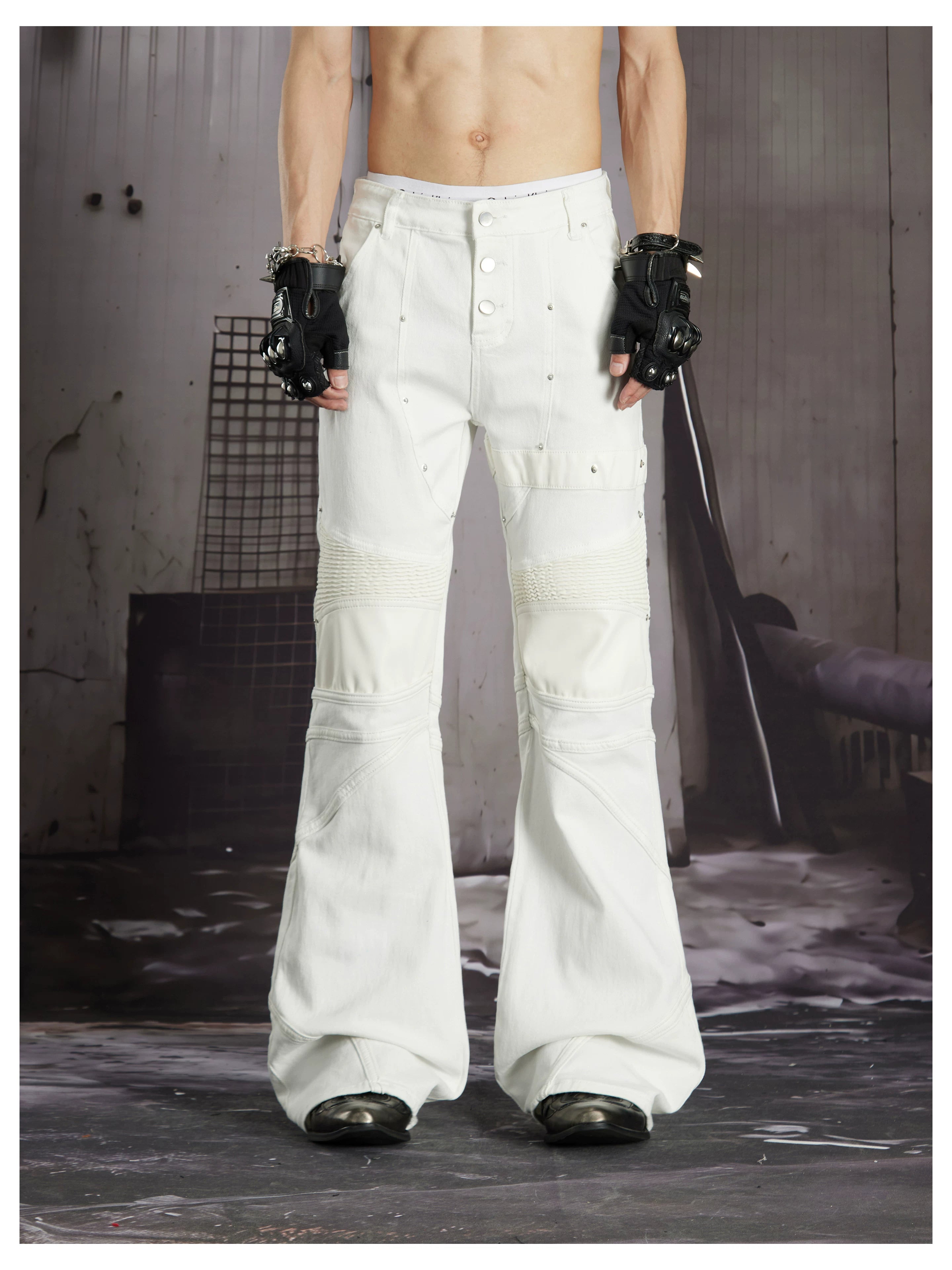 NOMANIAI 3D-cut studded slim-fit slight-flare street-style jeans.