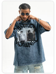 ONSEVENINE Streetwear-style vintage-wash short-sleeve T-shirt with a distressed look.