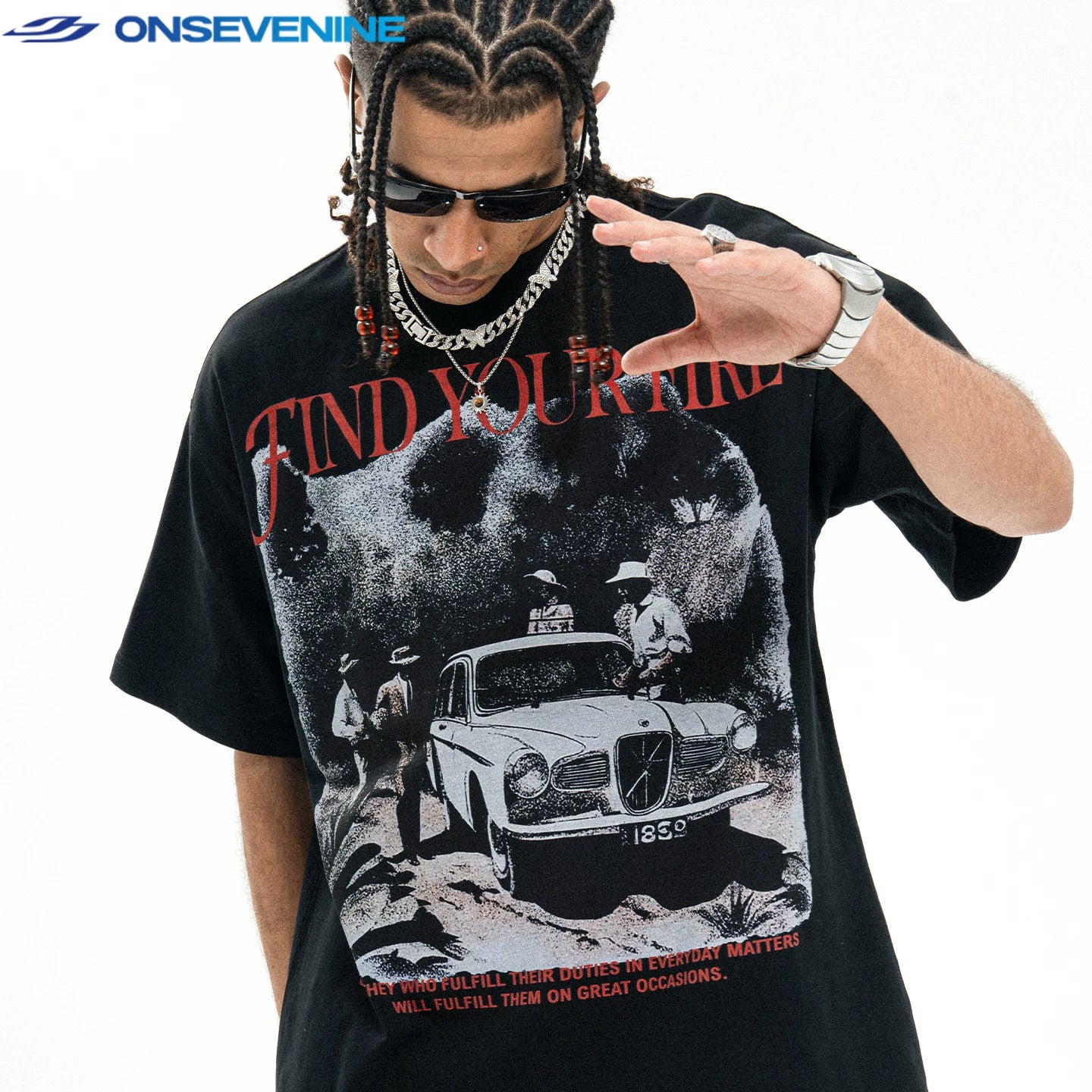 ONS VENINE American Hip Hop Street 300g Heavy Cotton Small Collar Trendy Brand Loose Short Breath T-shirt for Men Summer