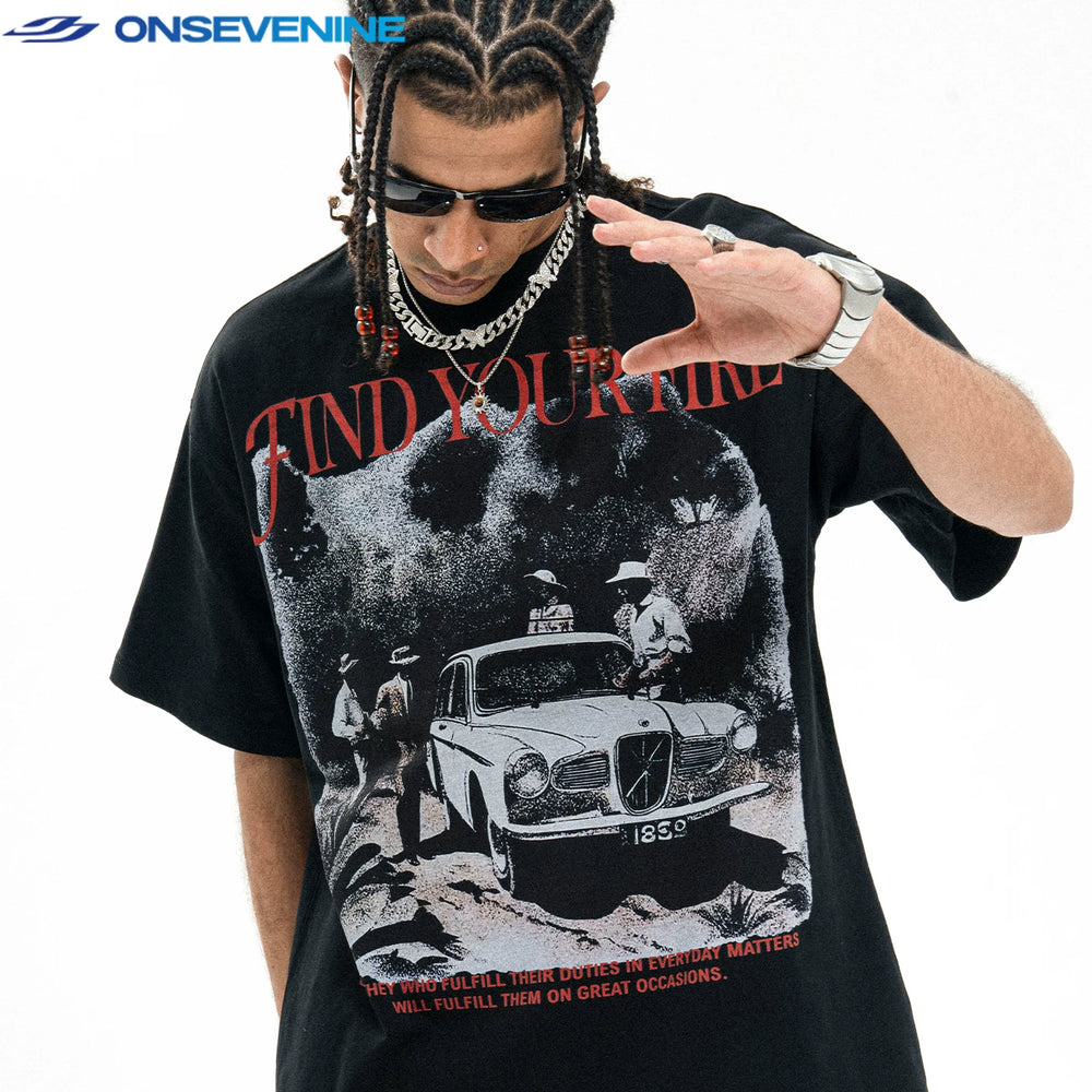 ONS VENINE American Hip Hop Street 300g Heavy Cotton Small Collar Trendy Brand Loose Short Breath T-shirt for Men Summer