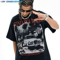ONS VENINE American Hip Hop Street 300g Heavy Cotton Small Collar Trendy Brand Loose Short Breath T-shirt for Men Summer
