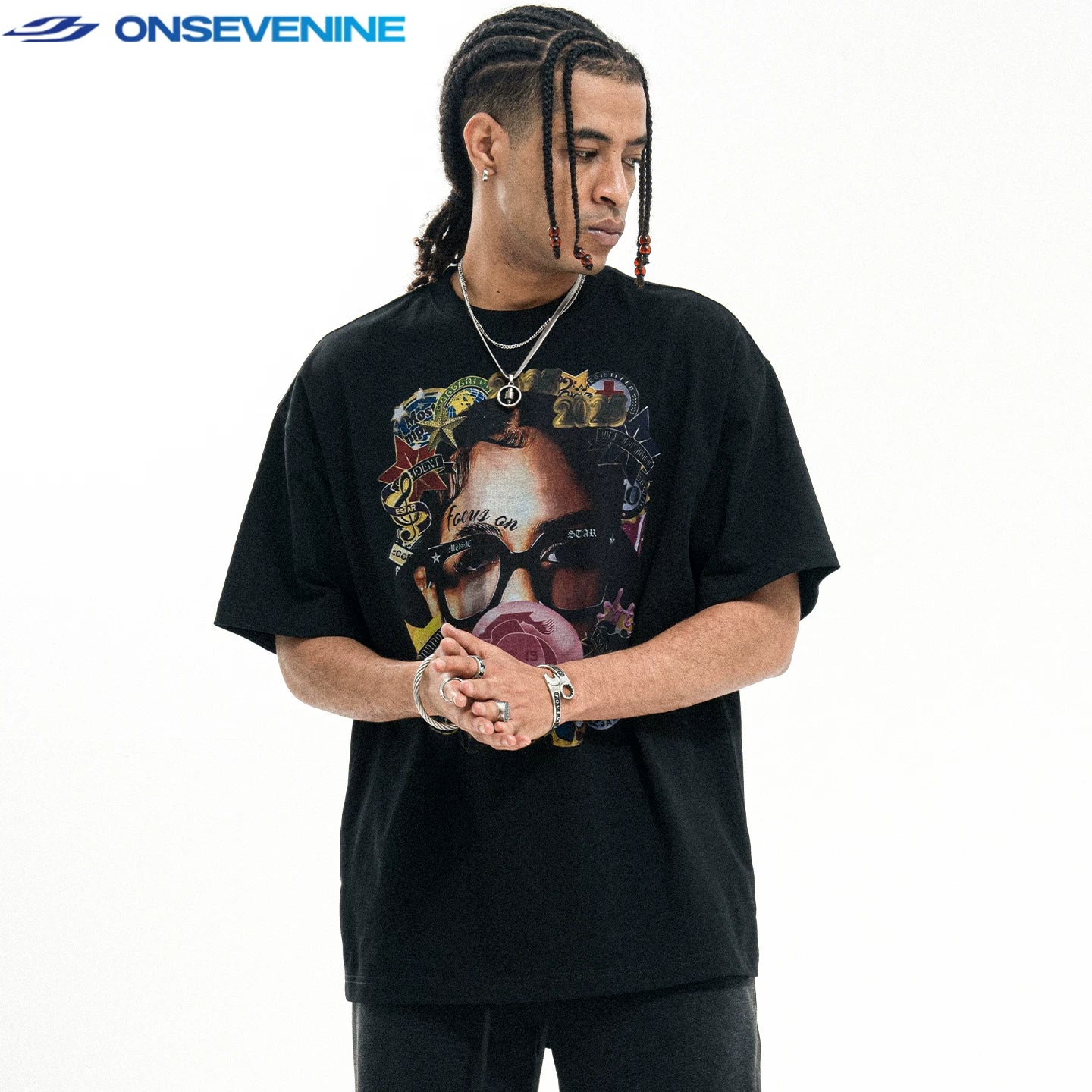 ONIVENINE American fashion brand short sleeved T-shirt for men and women in summer, direct spray printed loose cotton 300g small collar