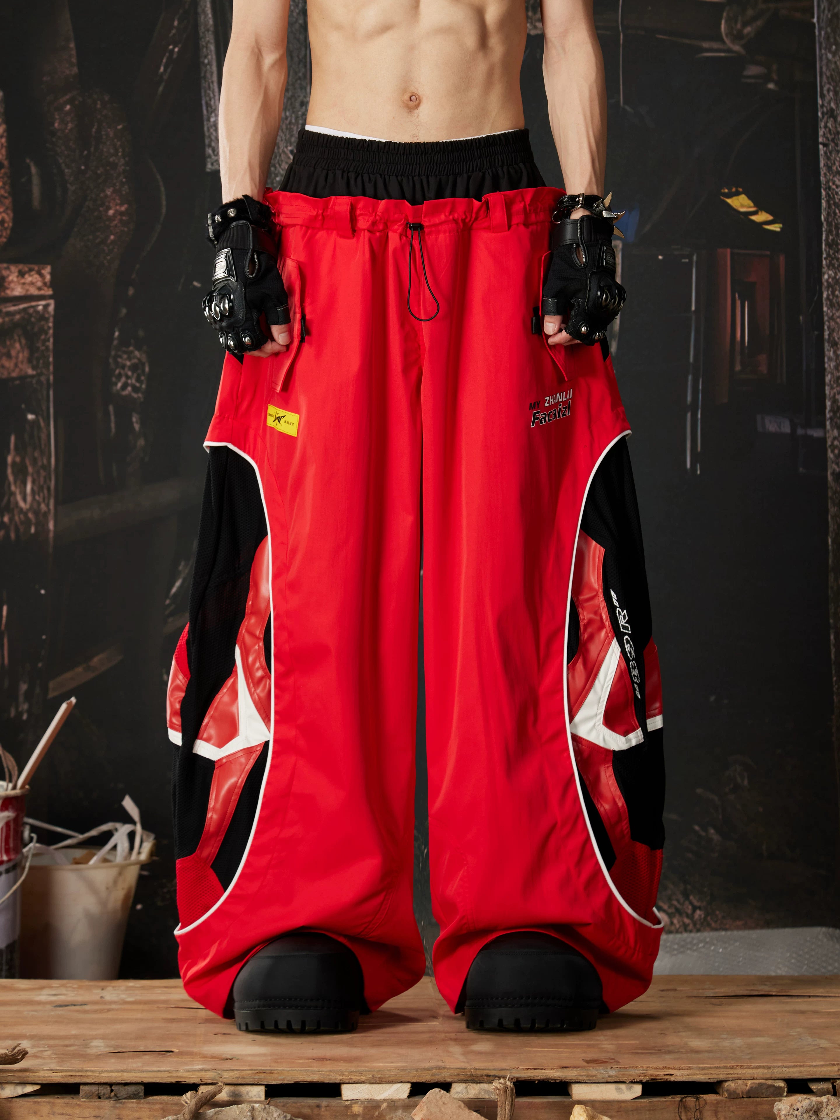 NOMANIAI  Deconstructed Color-Block Loose-Fit Moto Pants.