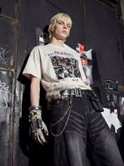 NOMANIAI Distressed Short-Sleeve T-Shirt with Rips and Vintage-Style Print.