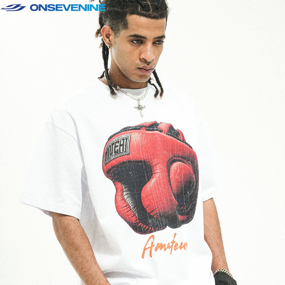 ONIVENINE American Street Small Collar 280g Heavy Cotton Short sleeved T-shirt for Men and Women Summer Loose Hip Hop