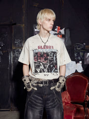 NOMANIAI Distressed Short-Sleeve T-Shirt with Rips and Vintage-Style Print.
